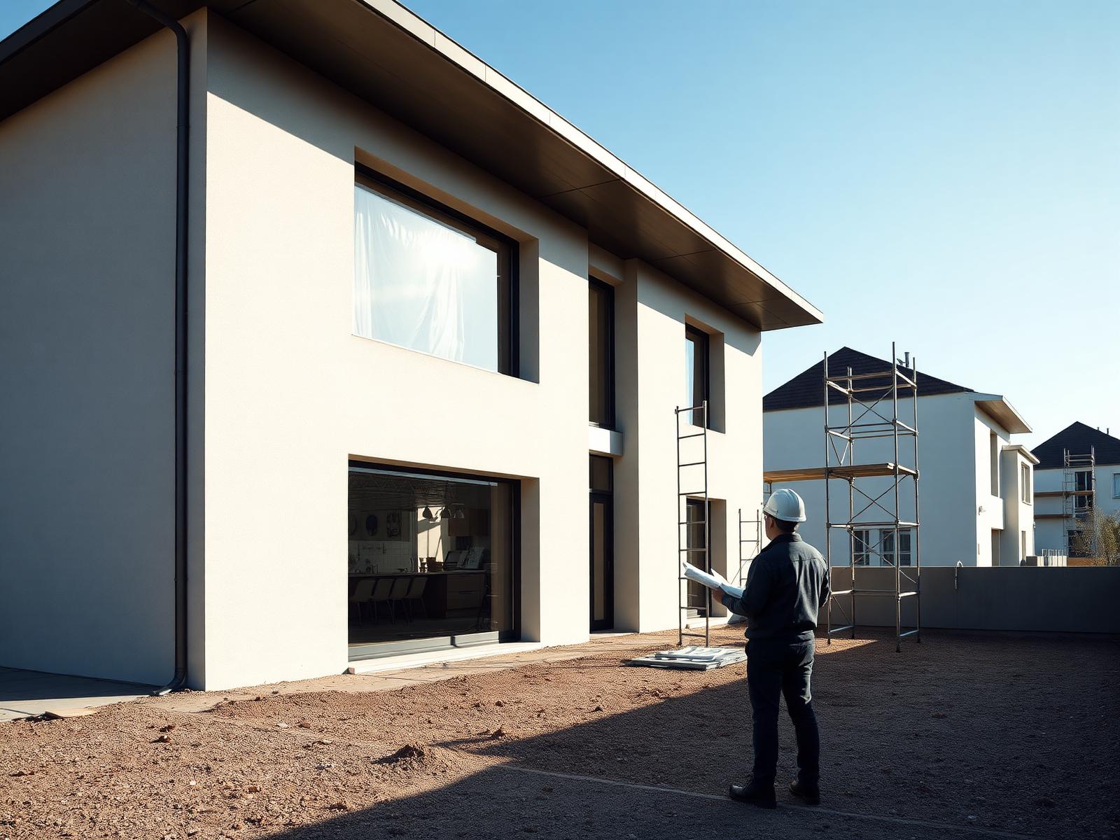 Bâtiment moderne en cours de construction avec ingénieur sur site